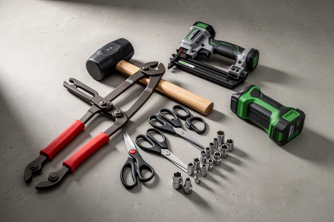 Assortimento di utensili manuali con garanzia a vita disposti su una superficie di cemento in officina