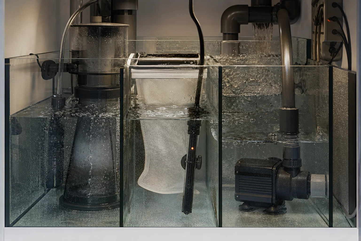 Gros plan sur la décantation d'un aquarium avec le placement du chauffage et le flux d'eau