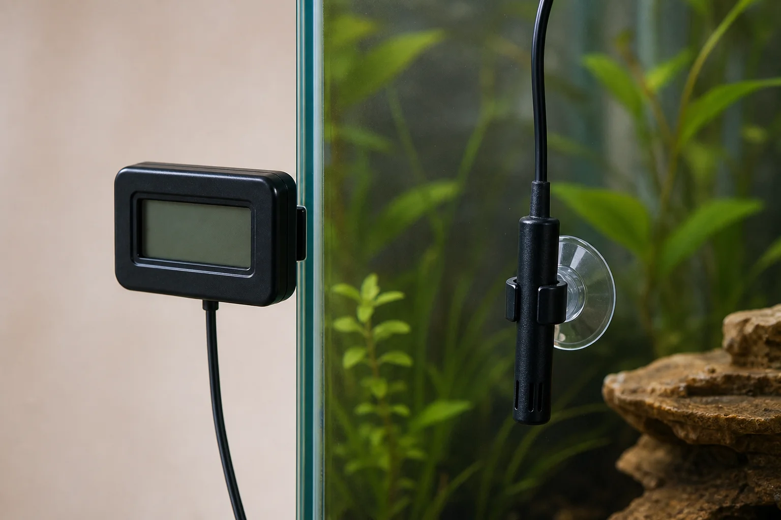 Thermomètre d'aquarium et équipement de surveillance de la température sur la vitre du bac