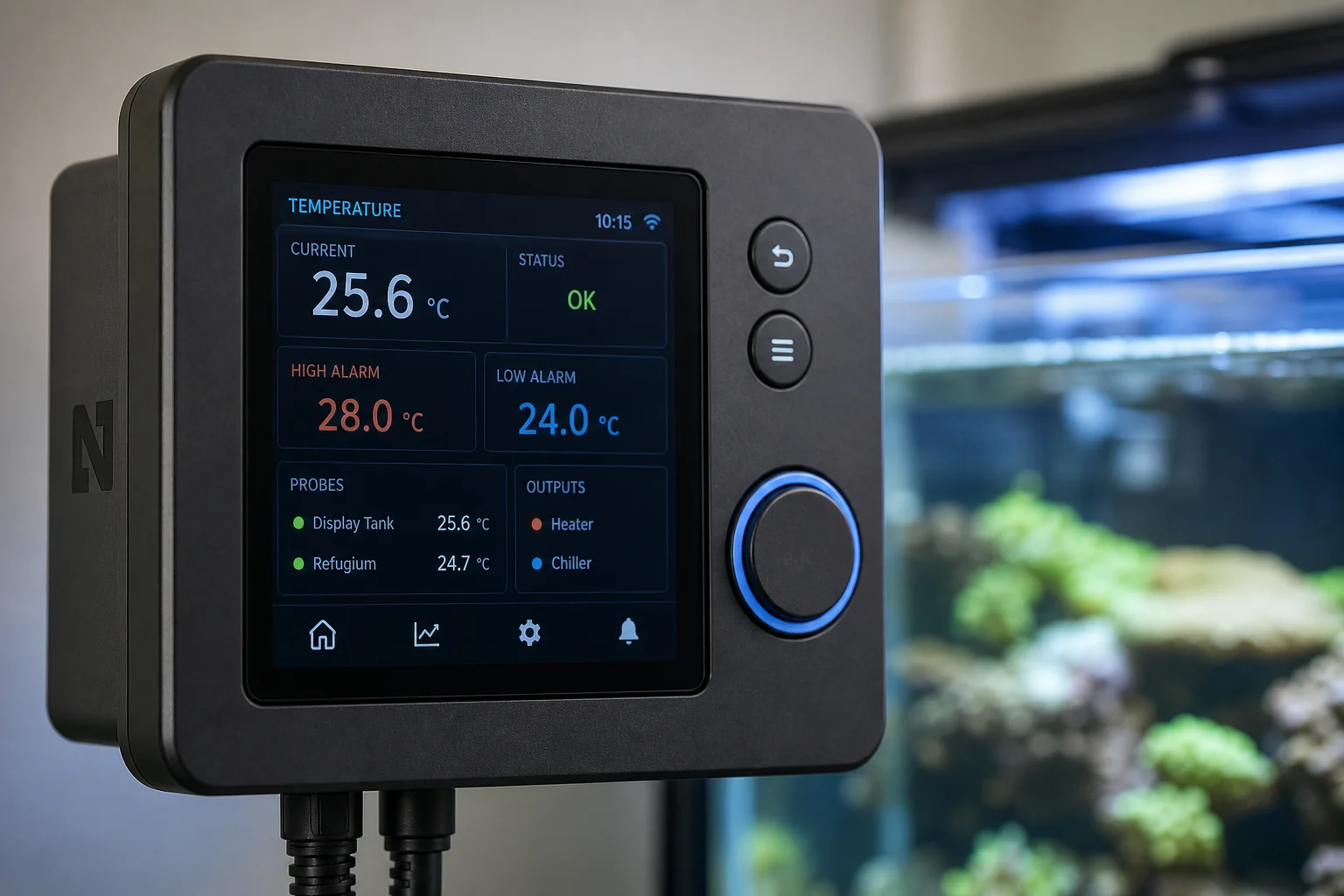 Écran de contrôleur d'aquarium affichant les relevés de température et les paramètres d'alarme