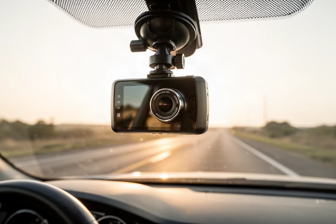 Dash cam mounted on a windshield facing a sunlit road