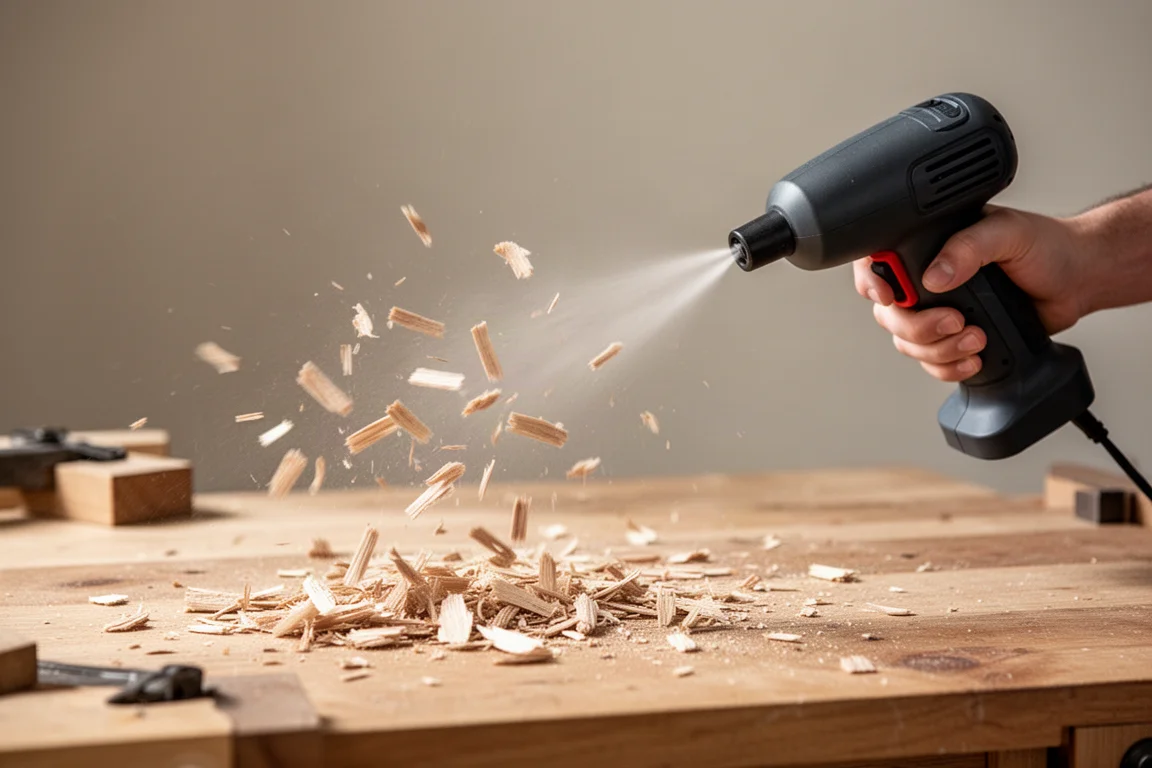 Handheld air duster blowing wood chips across a workbench