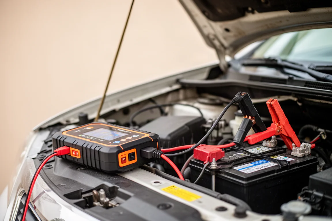 Jump starter connected to a car battery under an open hood