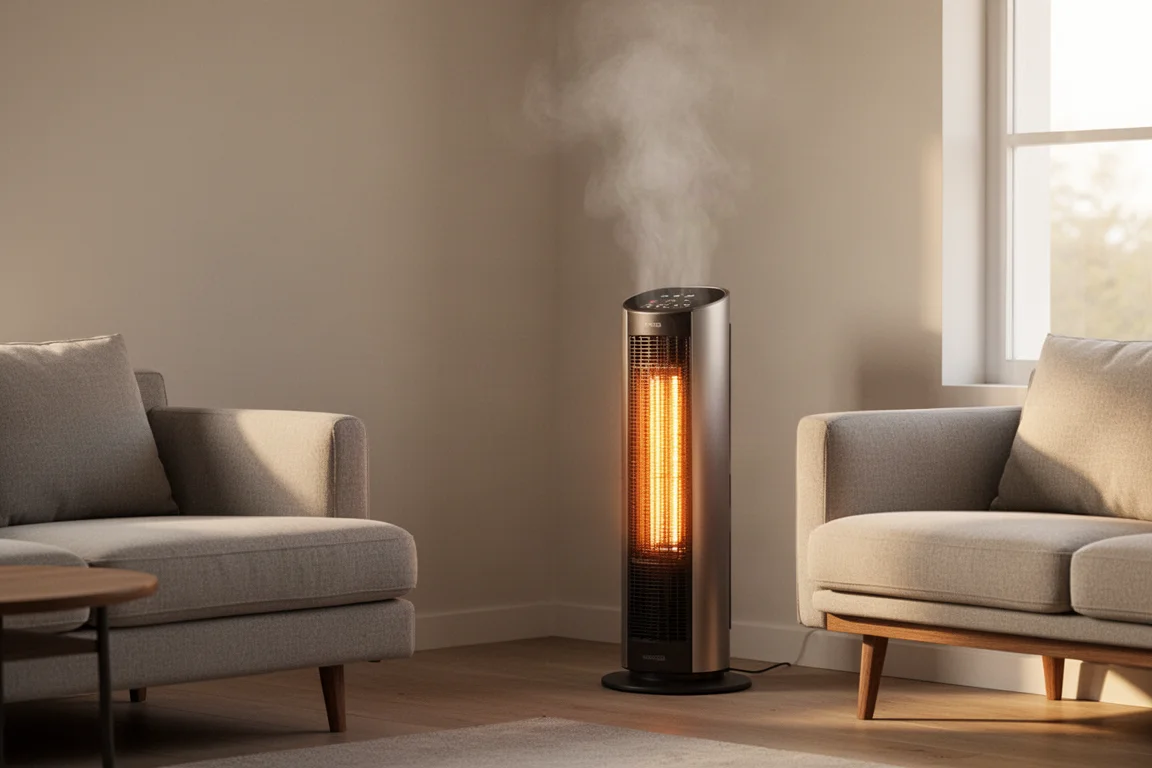 Tower space heater warming a modern living room corner