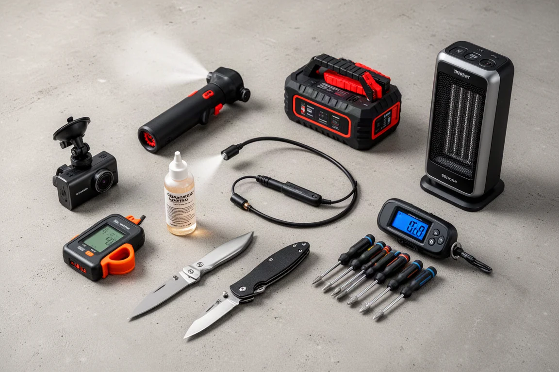 Flat-lay of ten automotive tools including dash cam, air duster, jump starter, and space heater on concrete surface