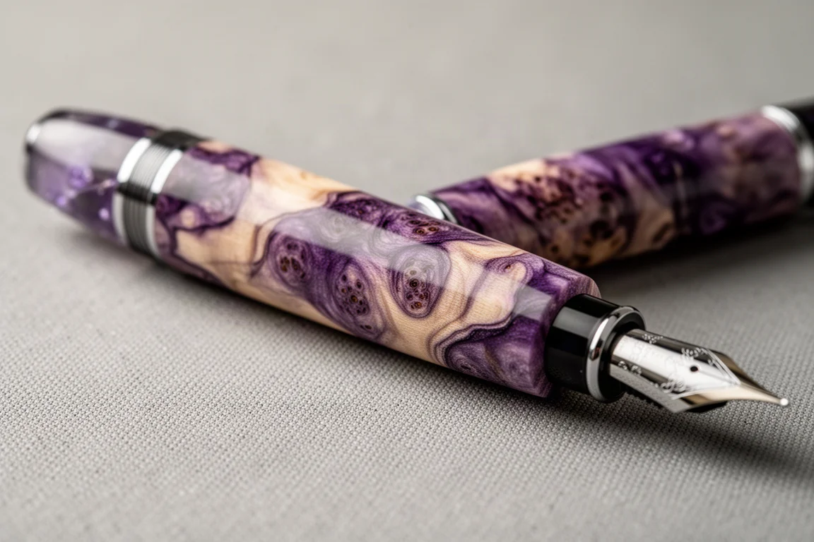Capuchon de stylo plume en brou de érable teinté violet montrant le veinage bois tourbillonnant sous une lumière douce