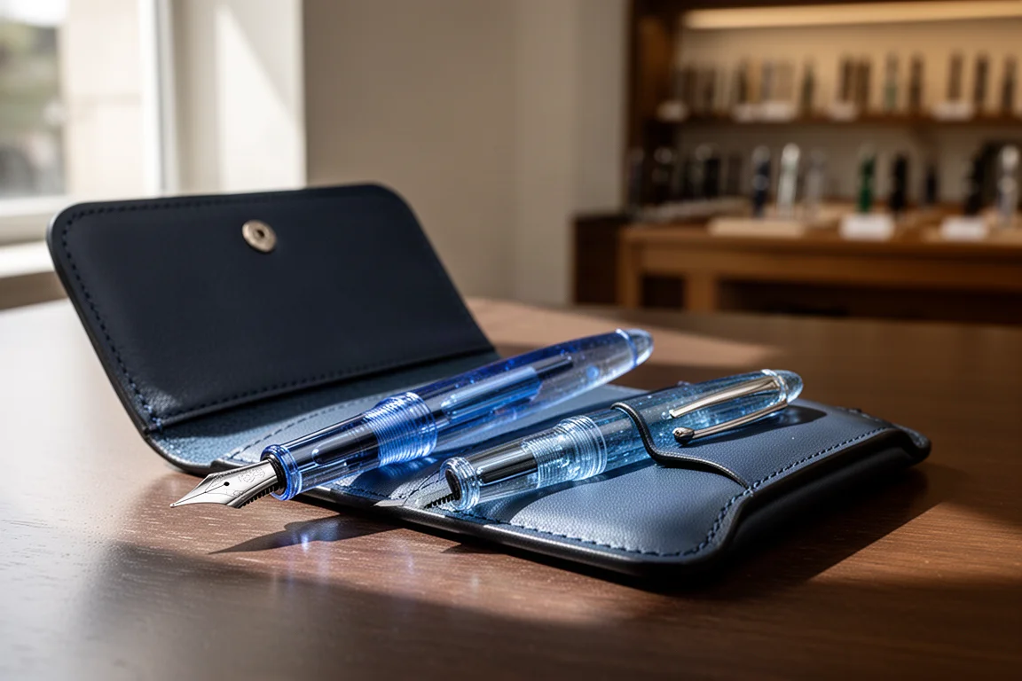 Stylo plume bleu transparent avec une plume surdimensionnée posé sur un bureau à côté d'un étui à stylos