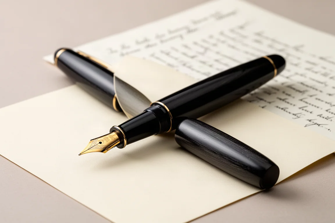 Très grand stylo plume urushi en ébonite noire avec une plume surdimensionnée numéro 50 décapuchonné sur du papier