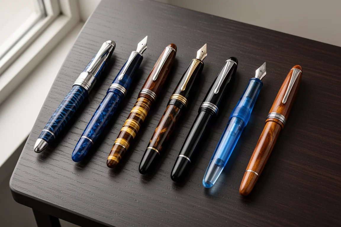 Flat-lay of a dozen luxury fountain pens with varied resin and urushi finishes on a wooden desk