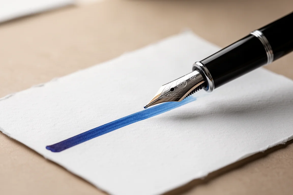 Penna stilografica che scrive con inchiostro blu su una card campione alla luce naturale soffusa