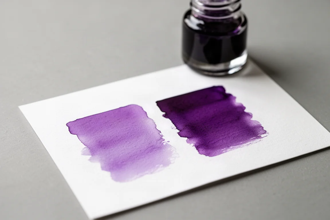 Campioni di inchiostro viola che si asciugano su carta bianca con differenze di saturazione visibili