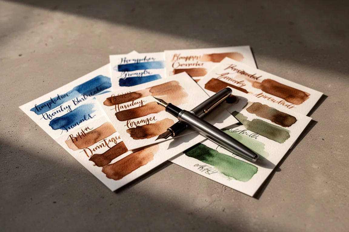 Raccolta di card campione di inchiostro disposte a ventaglio su una scrivania con luce calda