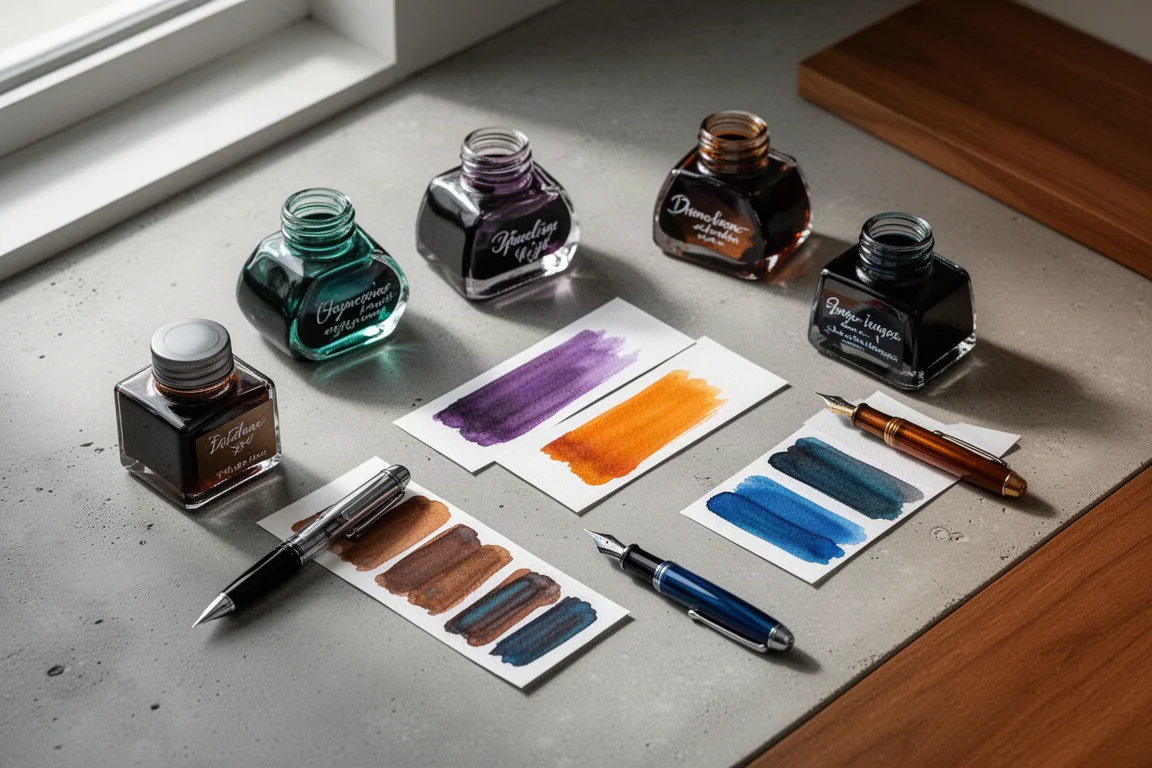 Flat-lay of ink bottles and swatch cards in teal, purple, orange, brown and blue on a desk