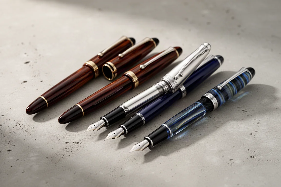 Lineup of premium fountain pens with lacquer and acrylic finishes on a concrete surface