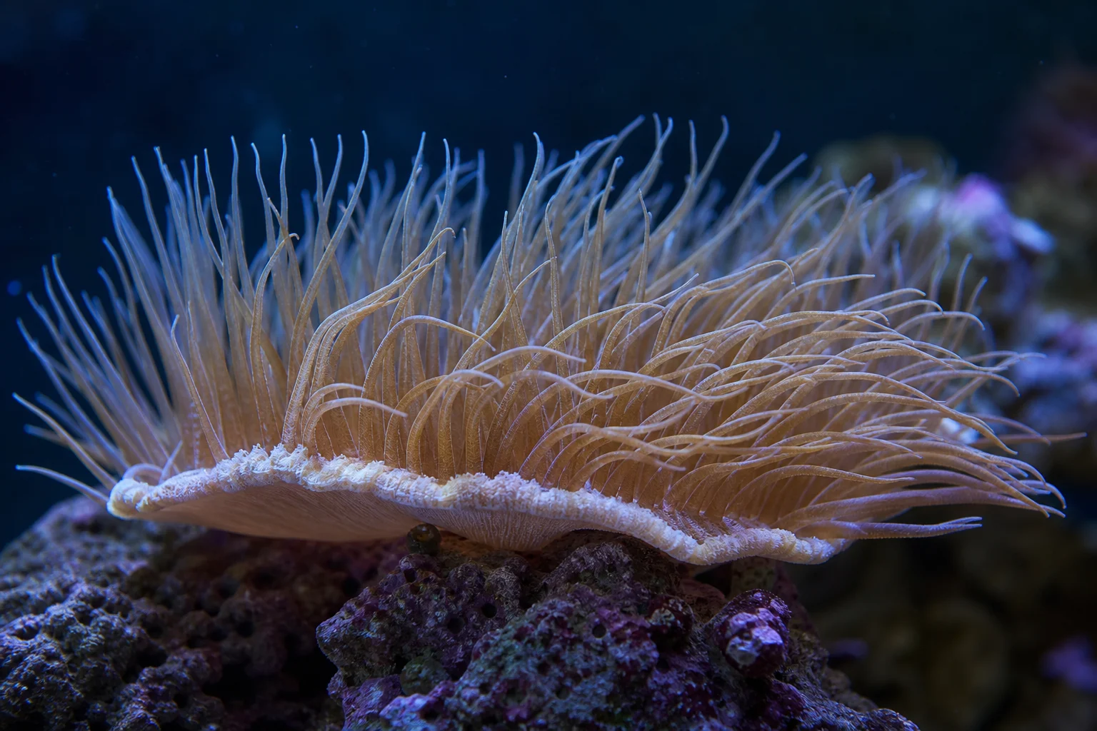 Primer plano de un delicado coral plato con largos tentáculos ondeantes sobre una superficie rocosa