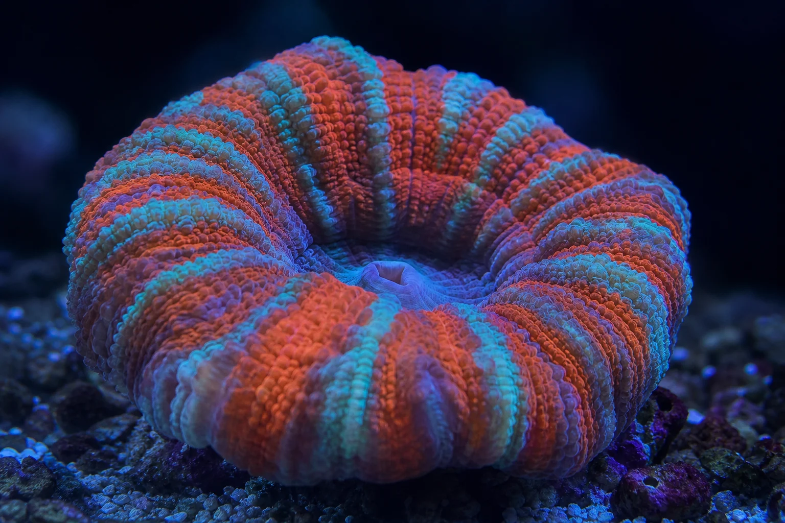 Gran coral scolymia carnoso con una intrincada estructura de pólipos y un esqueleto grueso visible