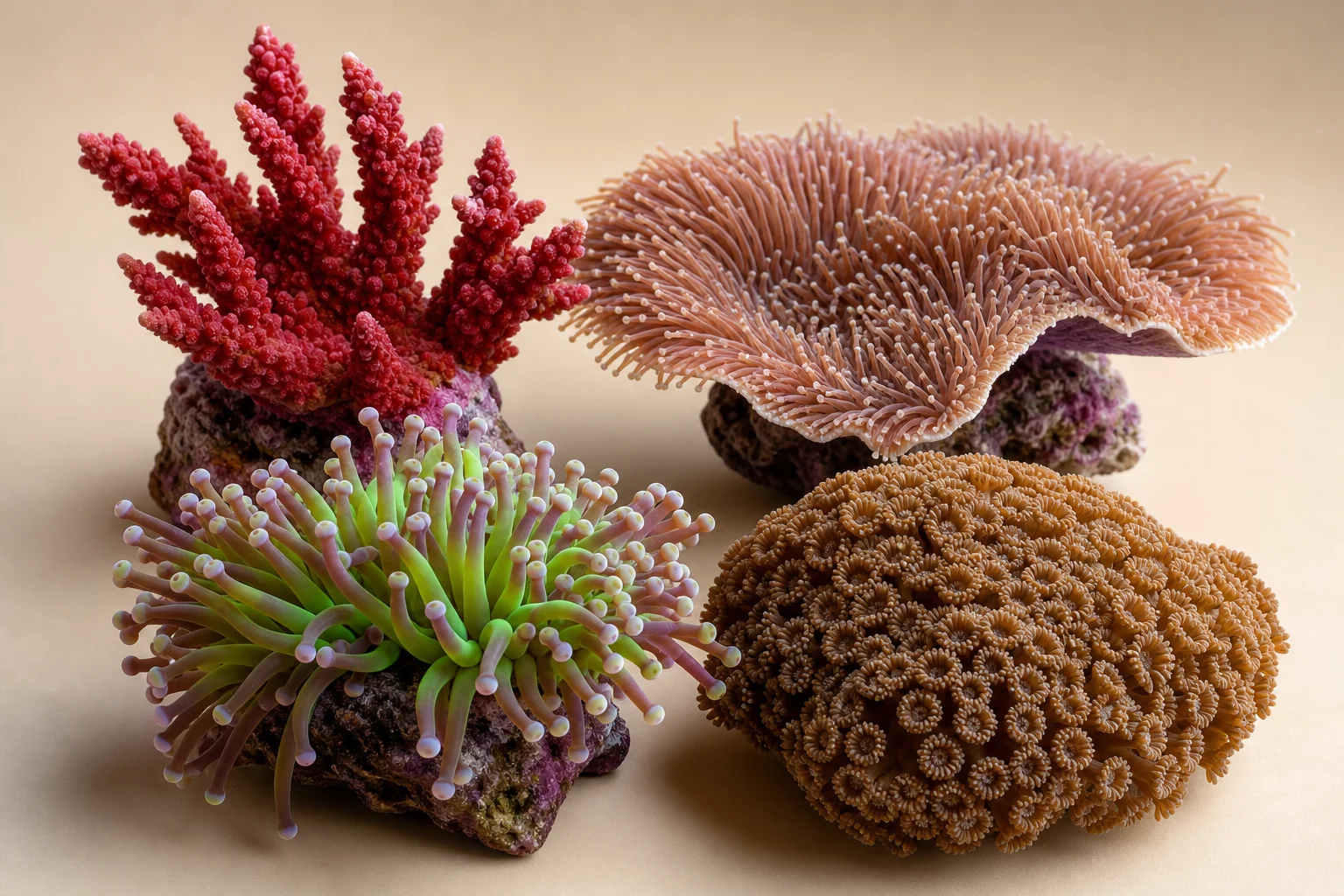 Colección de corales de arrecife desafiantes, incluyendo acropora roja, coral plato, coral antorcha y gonipora