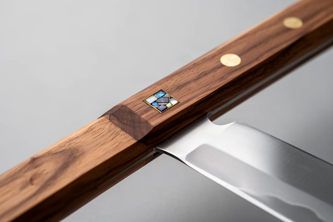 Close-up of a walnut-handled Japanese bunka knife showing a mosaic pin in the handle