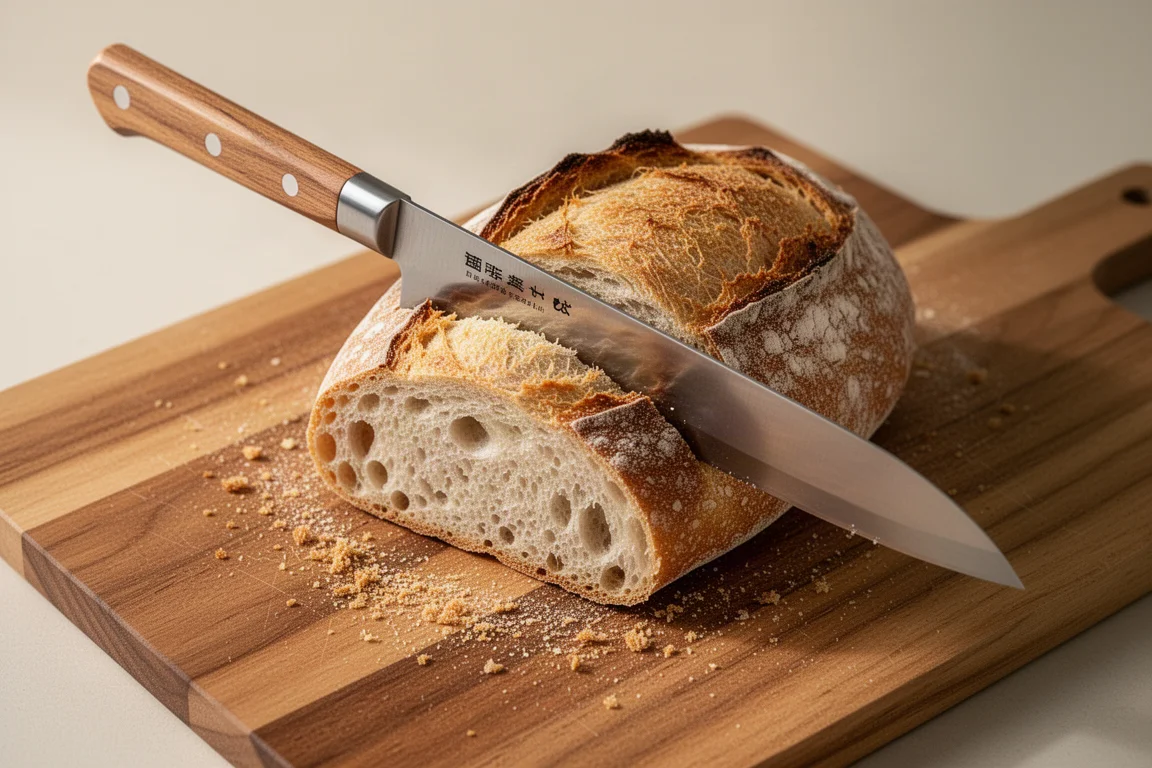 Baker slicing through a rustic loaf with a long bread knife