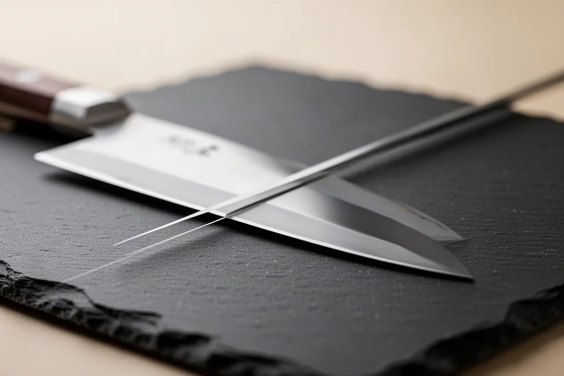 Extremely thin Japanese sujihiki blade resting on a dark surface