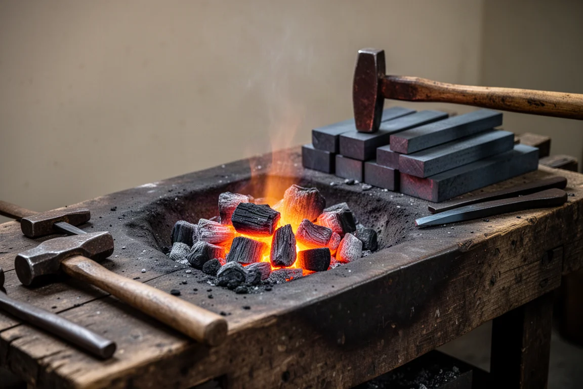Blacksmith working at an anvil in a traditional Japanese forge