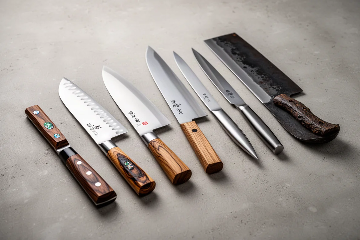 Lineup of ten Japanese kitchen knives on a matte concrete surface