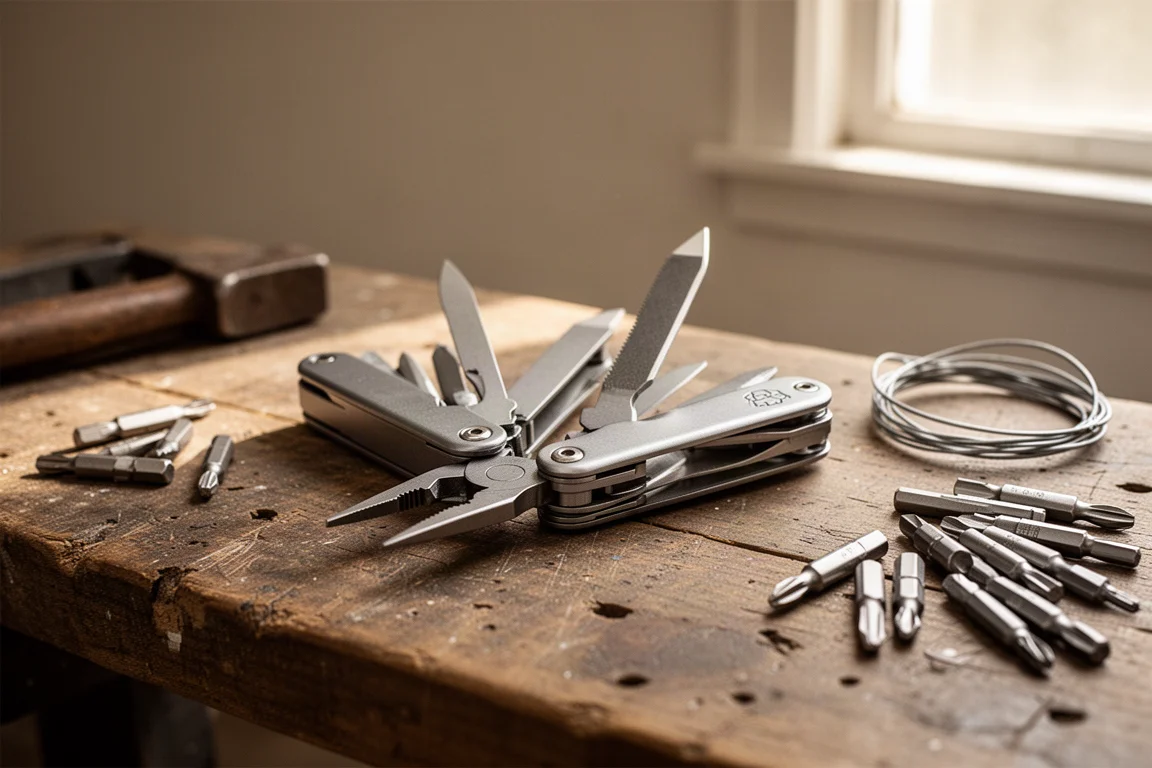 Multi-tool with pliers open resting on a workbench beside hand tools