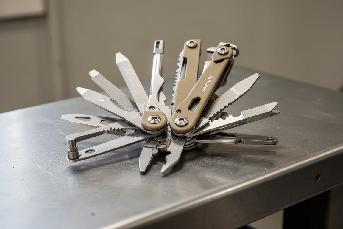Small pocket multi-tool open on a shop counter with price tag nearby