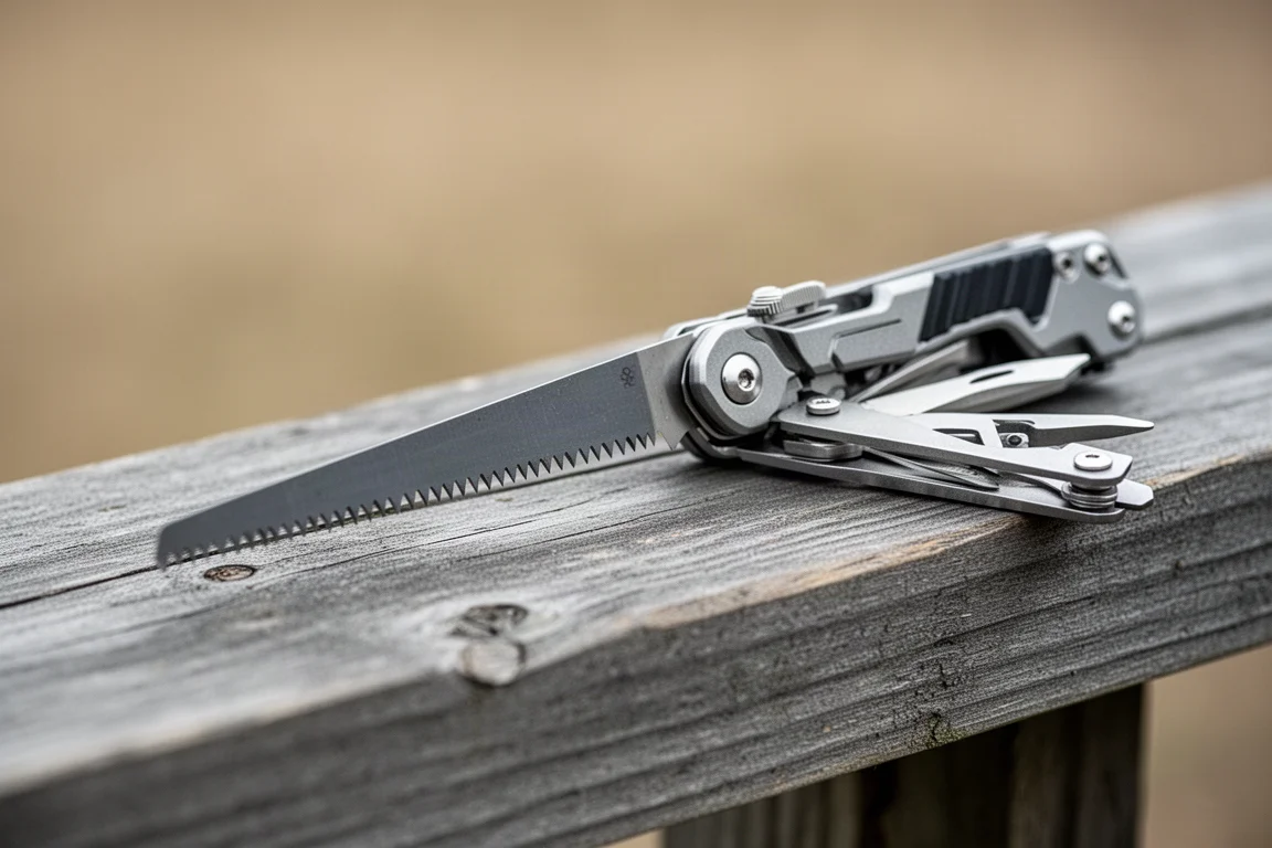 Multi-tool with long saw blade extended on a weathered plank