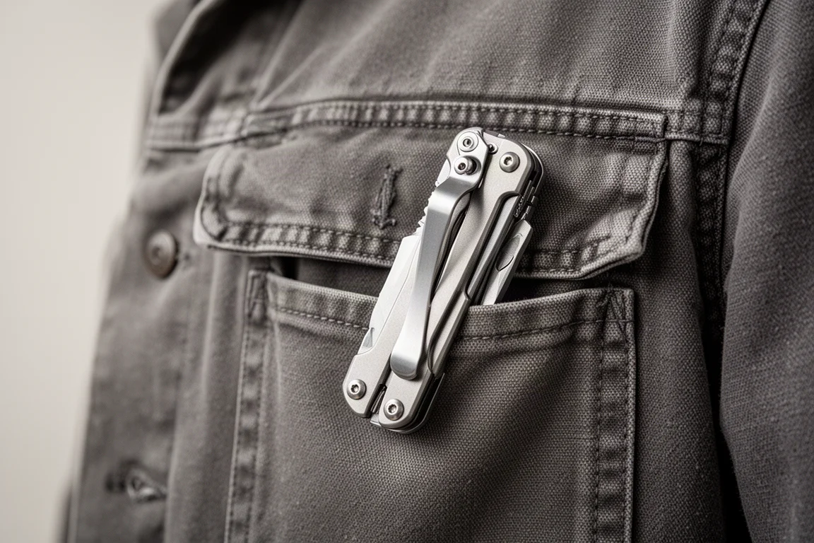 Compact multi-tool clipped inside a jacket pocket