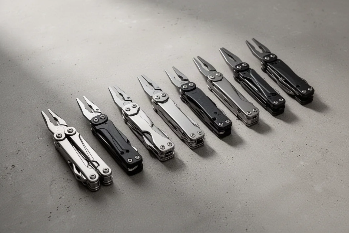 Lineup of ten folding multi-tools on a matte concrete surface