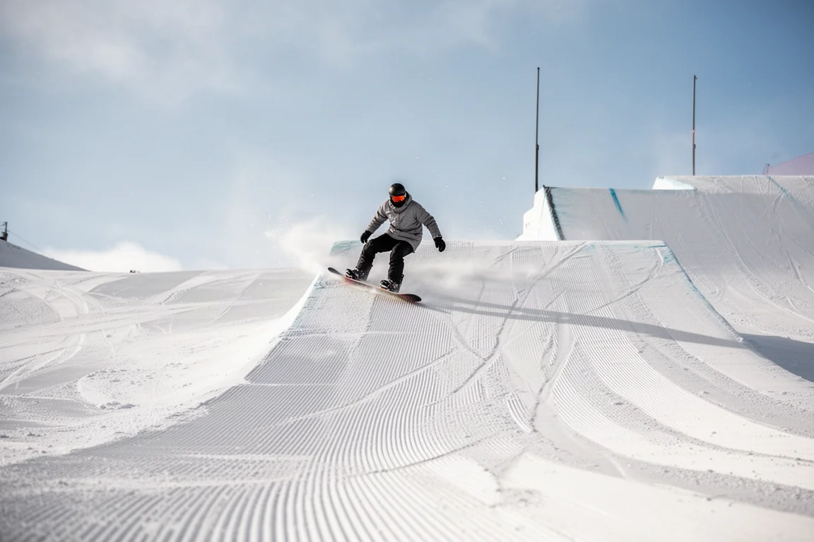 Snowboarder podjeżdża do skoczni w snowparku na stoku