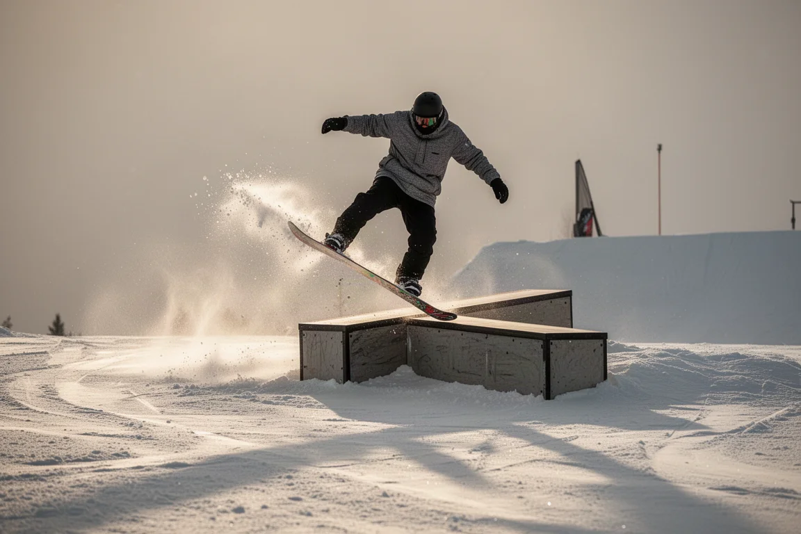 Snowboarder dociska i kręci butter na railu w miękkim wieczornym świetle