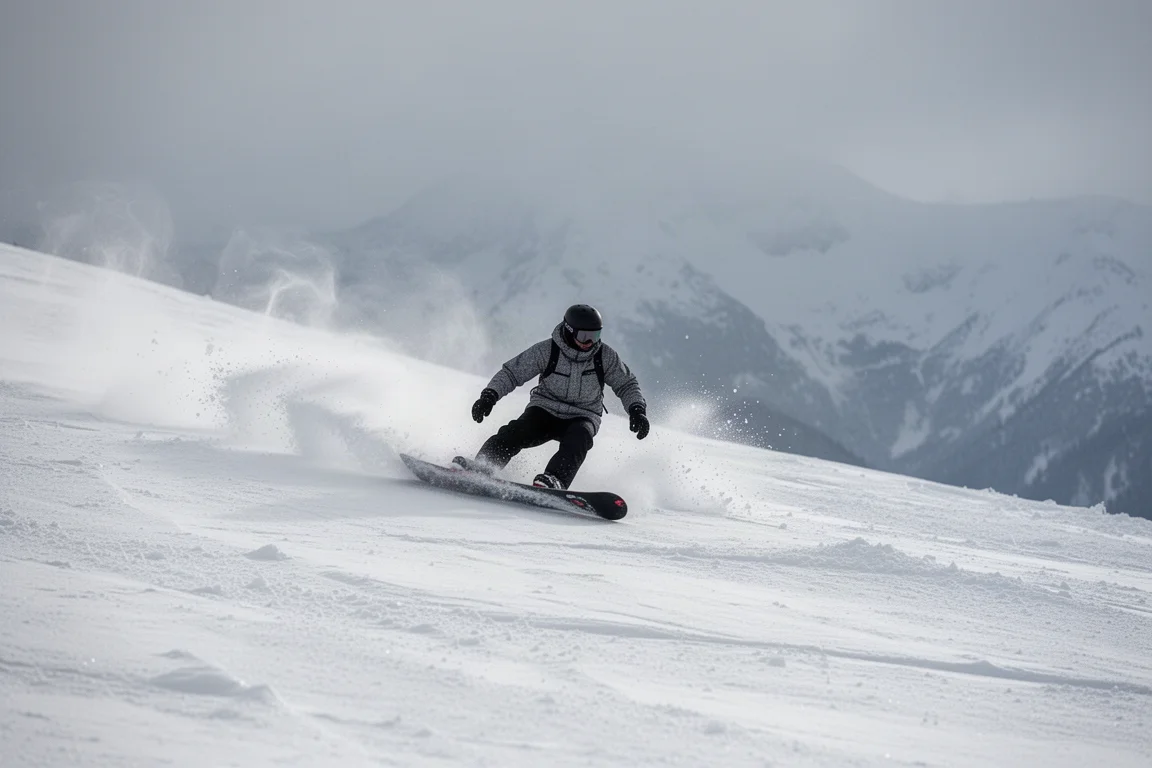 Snowboarder carve'uje po twardym, lodowatym śniegu z widoczną przyczepnością krawędzi