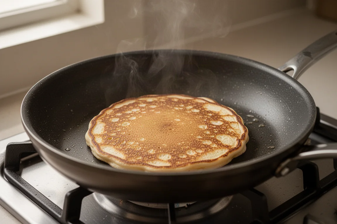 Bratpfanne backt auf dem Herd einen perfekt gleichmäßig gebackenen Pfannkuchen