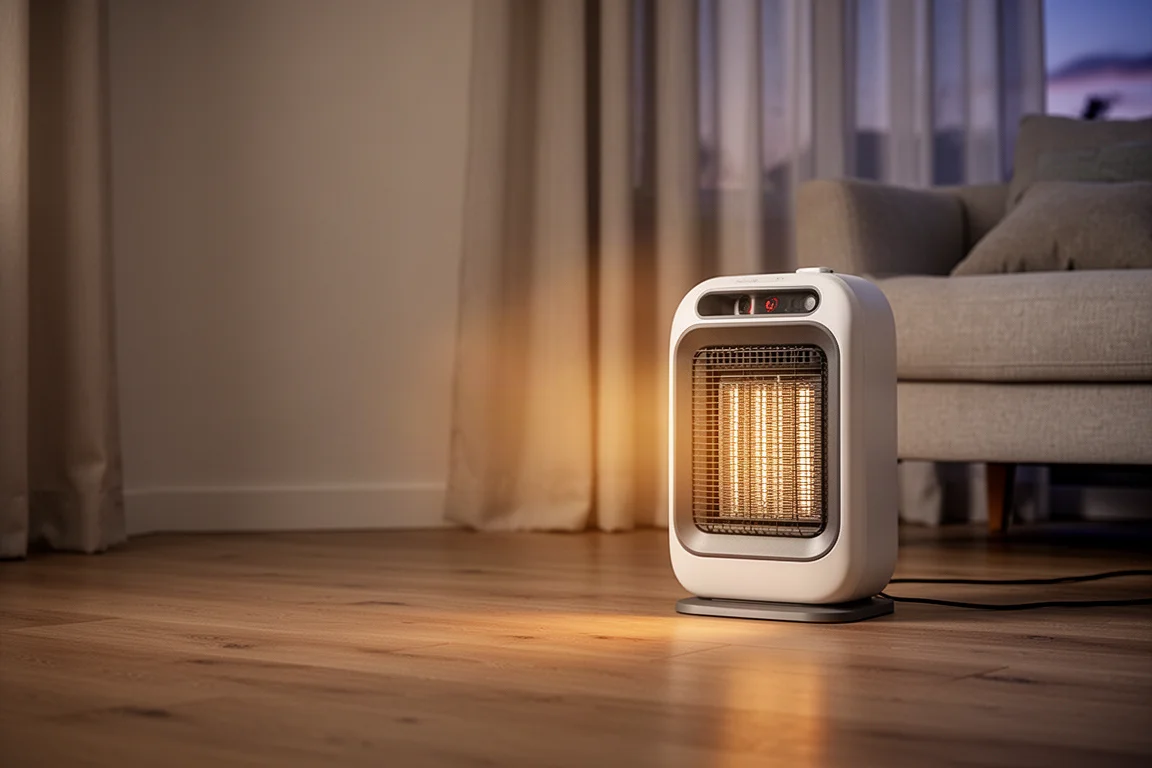 Heizlüfter wärmt in weichem Abendlicht ein gemütliches Zimmer
