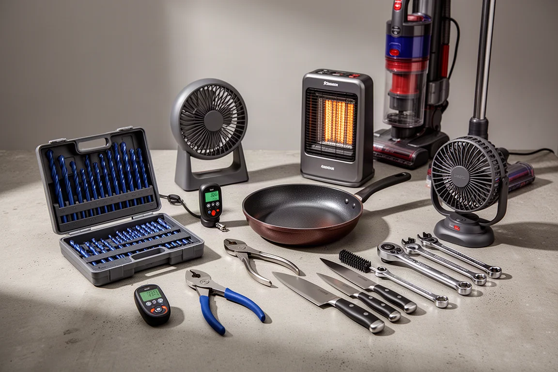 Ten tested products including tools, cookware, knives, a heater, and a vacuum arranged on a concrete surface