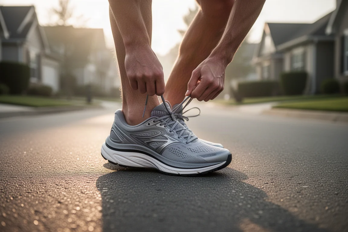 Läufer schnürt einen gedämpften Laufschuh auf einer stillen Straße am frühen Morgen