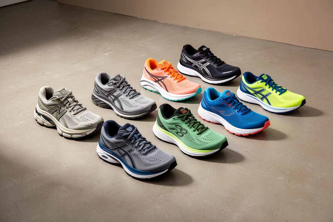 Ten running shoes of varied styles arranged in a row on a concrete studio floor