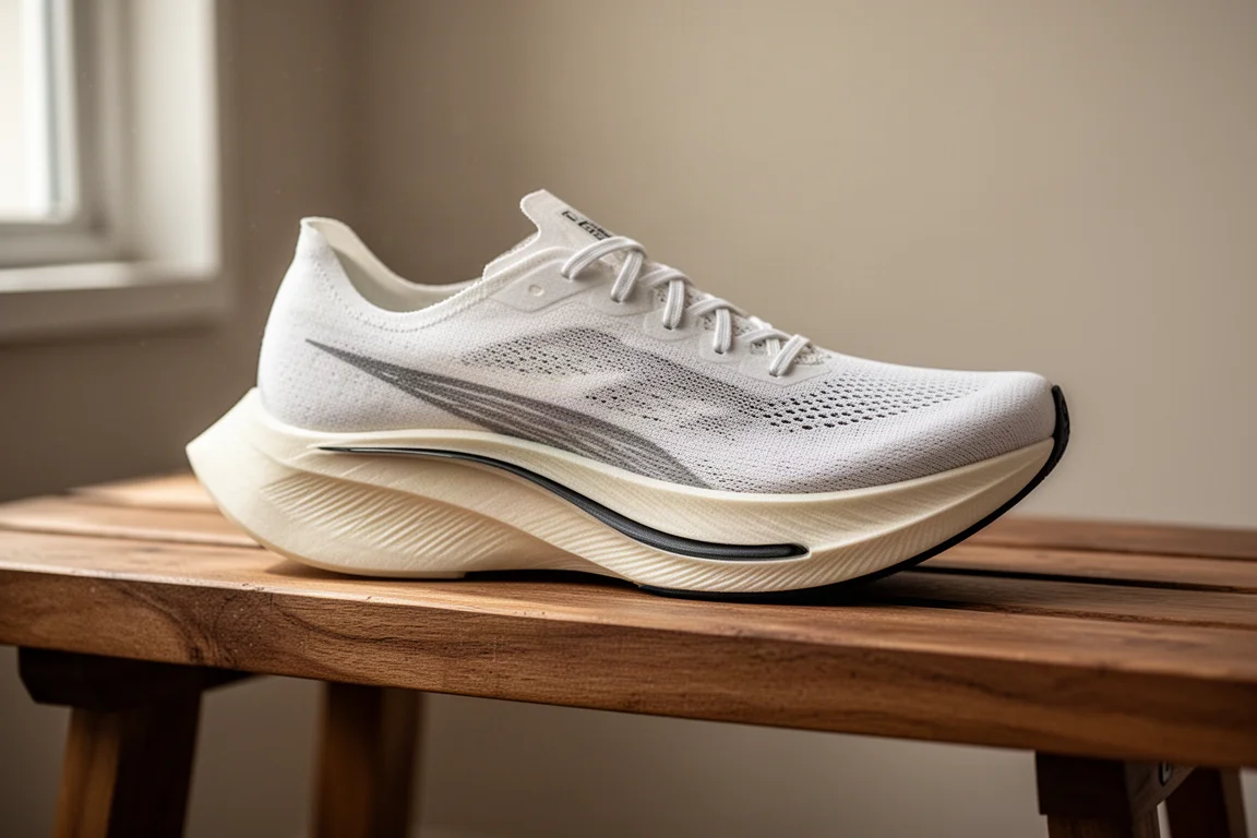Supershoe wyścigowy z widoczną zakrzywioną płytką i grubą pianką na ławce