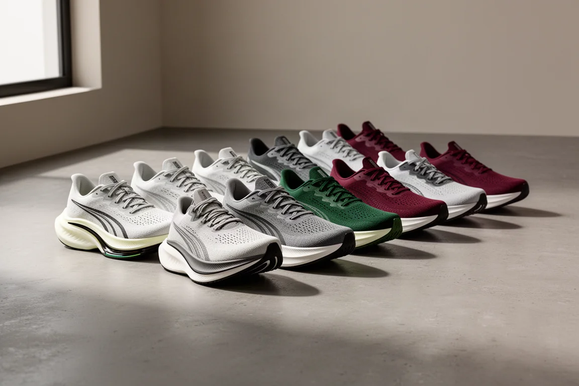 Ten running shoes arranged in a diagonal row on a concrete floor