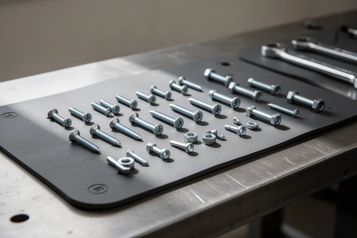 Flexible magnetische Werkzeugmatten mit Schrauben und Bolzen auf einer Stahlwerkbank