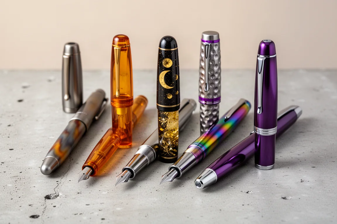 Six artisan fountain pens with varied materials arranged on a concrete surface