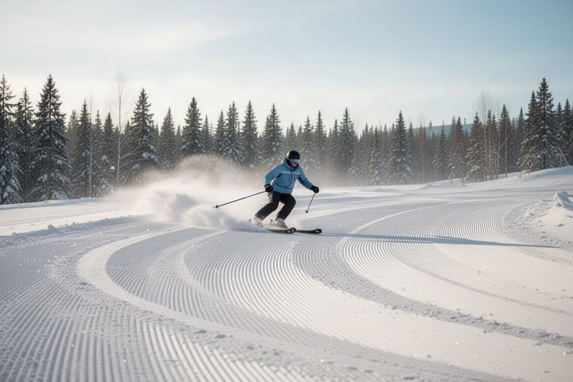 Skifahrer zieht saubere Schwünge auf einer frisch präparierten Morgenpiste