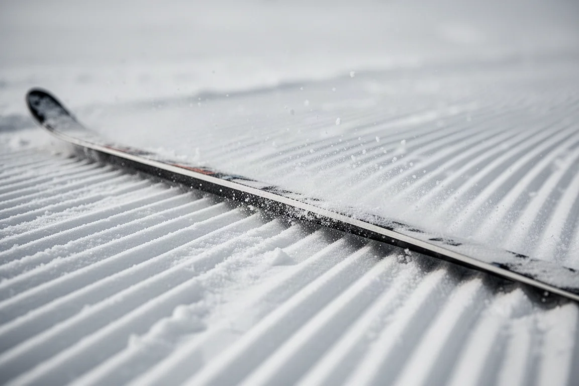 Nahaufnahme einer Carving-Skikante, die sich auf einer hart präparierten Piste festkrallt