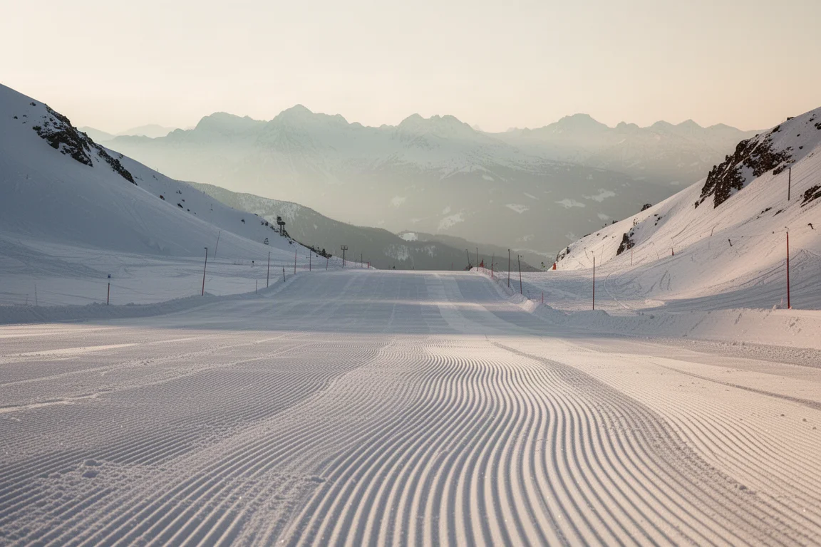 Präparierte Piste, die sich im sanften Nachmittagslicht einen hohen Alpenhang hinabzieht