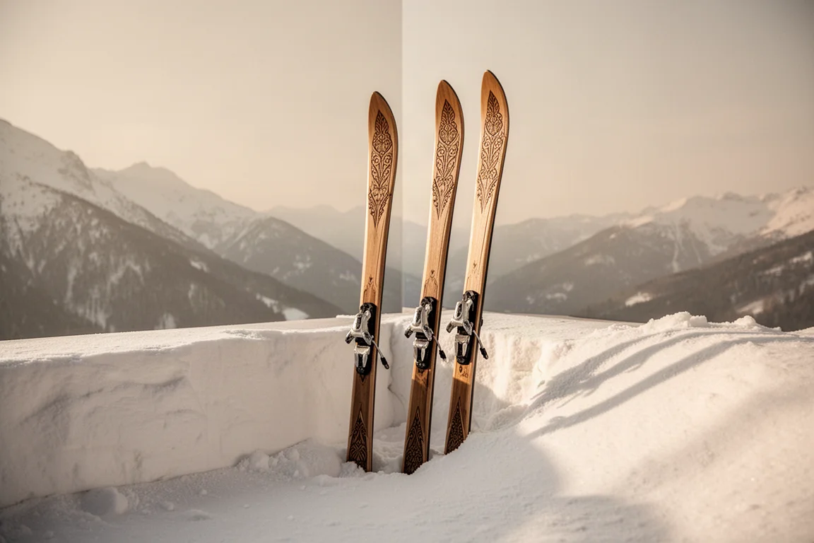 Paar Carving-Skier auf einem verschneiten Terrassentisch eines Bergrestaurants