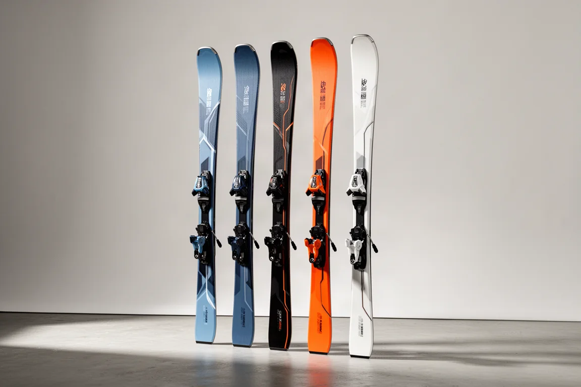 Row of five alpine carving skis standing upright on a grey backdrop