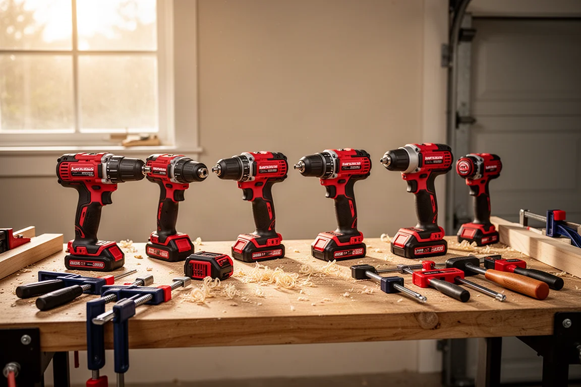 Garage workbench with red cordless power tools arranged for a project