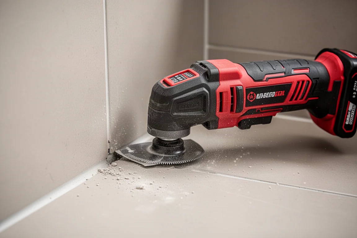 Cordless oscillating multi-tool removing grout in a bathroom corner